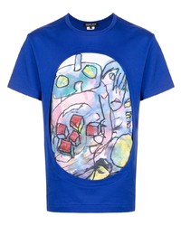 dunkelblaues bedrucktes T-Shirt mit einem Rundhalsausschnitt von Comme des Garcons Homme Deux