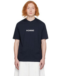 dunkelblaues bedrucktes T-Shirt mit einem Rundhalsausschnitt von Comme des Garcons Homme
