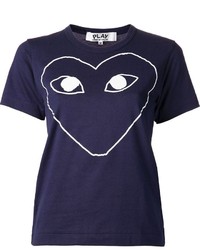 dunkelblaues bedrucktes T-Shirt mit einem Rundhalsausschnitt von Comme des Garcons