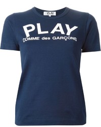 dunkelblaues bedrucktes T-Shirt mit einem Rundhalsausschnitt von Comme des Garcons