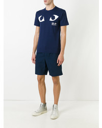 dunkelblaues bedrucktes T-Shirt mit einem Rundhalsausschnitt von Comme Des Garcons Play