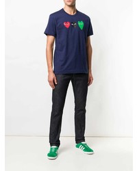 dunkelblaues bedrucktes T-Shirt mit einem Rundhalsausschnitt von Comme Des Garcons Play