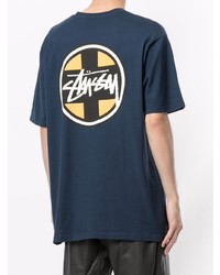 dunkelblaues bedrucktes T-Shirt mit einem Rundhalsausschnitt von Stussy