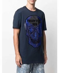 dunkelblaues bedrucktes T-Shirt mit einem Rundhalsausschnitt von Philipp Plein