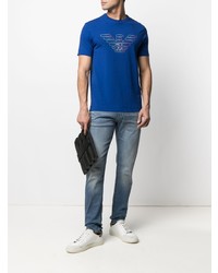 dunkelblaues bedrucktes T-Shirt mit einem Rundhalsausschnitt von Emporio Armani