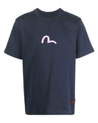 dunkelblaues bedrucktes T-Shirt mit einem Rundhalsausschnitt von Evisu