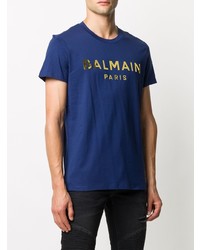 dunkelblaues bedrucktes T-Shirt mit einem Rundhalsausschnitt von Balmain