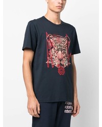 dunkelblaues bedrucktes T-Shirt mit einem Rundhalsausschnitt von Roberto Cavalli