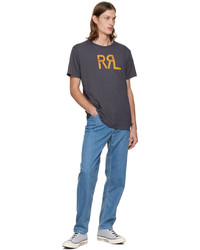dunkelblaues bedrucktes T-Shirt mit einem Rundhalsausschnitt von RRL