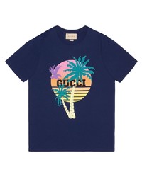 dunkelblaues bedrucktes T-Shirt mit einem Rundhalsausschnitt von Gucci