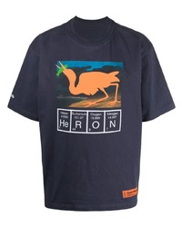 dunkelblaues bedrucktes T-Shirt mit einem Rundhalsausschnitt von Heron Preston