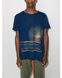 dunkelblaues bedrucktes T-Shirt mit einem Rundhalsausschnitt von Greg Lauren