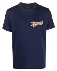 dunkelblaues bedrucktes T-Shirt mit einem Rundhalsausschnitt von John Richmond