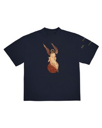 dunkelblaues bedrucktes T-Shirt mit einem Rundhalsausschnitt von Kanye West