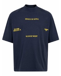 dunkelblaues bedrucktes T-Shirt mit einem Rundhalsausschnitt von Kanye West
