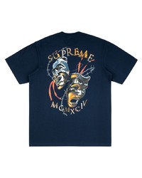 dunkelblaues bedrucktes T-Shirt mit einem Rundhalsausschnitt von Supreme