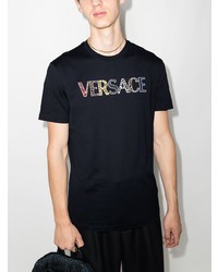 dunkelblaues bedrucktes T-Shirt mit einem Rundhalsausschnitt von Versace