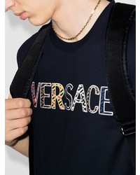 dunkelblaues bedrucktes T-Shirt mit einem Rundhalsausschnitt von Versace