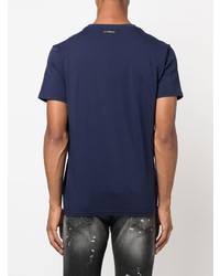 dunkelblaues bedrucktes T-Shirt mit einem Rundhalsausschnitt von John Richmond
