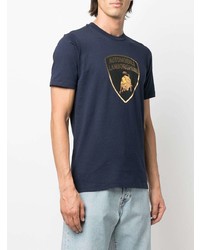 dunkelblaues bedrucktes T-Shirt mit einem Rundhalsausschnitt von Automobili Lamborghini