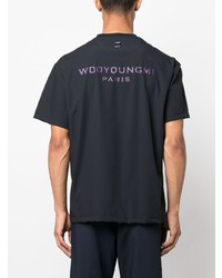 dunkelblaues bedrucktes T-Shirt mit einem Rundhalsausschnitt von Wooyoungmi