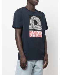 dunkelblaues bedrucktes T-Shirt mit einem Rundhalsausschnitt von MAISON KITSUNÉ