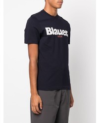 dunkelblaues bedrucktes T-Shirt mit einem Rundhalsausschnitt von Blauer