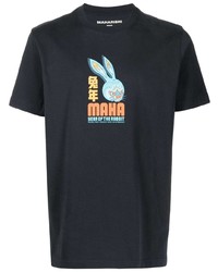 dunkelblaues bedrucktes T-Shirt mit einem Rundhalsausschnitt von Maharishi