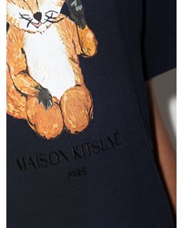 dunkelblaues bedrucktes T-Shirt mit einem Rundhalsausschnitt von MAISON KITSUNÉ