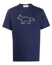 dunkelblaues bedrucktes T-Shirt mit einem Rundhalsausschnitt von MAISON KITSUNÉ