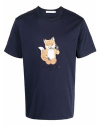 dunkelblaues bedrucktes T-Shirt mit einem Rundhalsausschnitt von MAISON KITSUNÉ