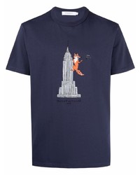 dunkelblaues bedrucktes T-Shirt mit einem Rundhalsausschnitt von MAISON KITSUNÉ