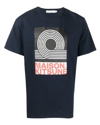 dunkelblaues bedrucktes T-Shirt mit einem Rundhalsausschnitt von MAISON KITSUNÉ