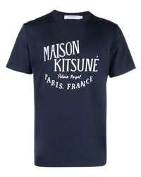 dunkelblaues bedrucktes T-Shirt mit einem Rundhalsausschnitt von MAISON KITSUNÉ