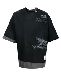 dunkelblaues bedrucktes T-Shirt mit einem Rundhalsausschnitt von Maison Mihara Yasuhiro