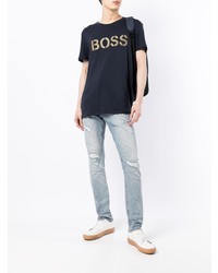 dunkelblaues bedrucktes T-Shirt mit einem Rundhalsausschnitt von BOSS