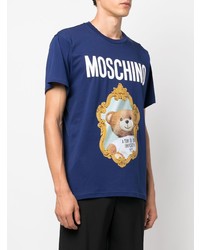 dunkelblaues bedrucktes T-Shirt mit einem Rundhalsausschnitt von Moschino