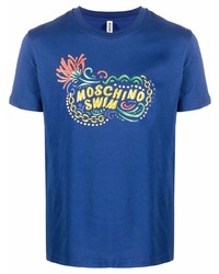 dunkelblaues bedrucktes T-Shirt mit einem Rundhalsausschnitt von Moschino