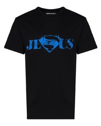 dunkelblaues bedrucktes T-Shirt mit einem Rundhalsausschnitt von Mowalola