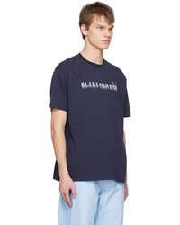 dunkelblaues bedrucktes T-Shirt mit einem Rundhalsausschnitt von Raf Simons