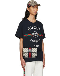 dunkelblaues bedrucktes T-Shirt mit einem Rundhalsausschnitt von Gucci