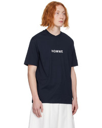 dunkelblaues bedrucktes T-Shirt mit einem Rundhalsausschnitt von Comme des Garcons Homme