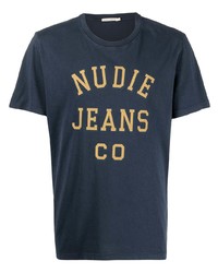 dunkelblaues bedrucktes T-Shirt mit einem Rundhalsausschnitt von Nudie Jeans