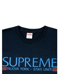 dunkelblaues bedrucktes T-Shirt mit einem Rundhalsausschnitt von Supreme