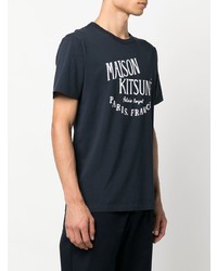 dunkelblaues bedrucktes T-Shirt mit einem Rundhalsausschnitt von MAISON KITSUNÉ