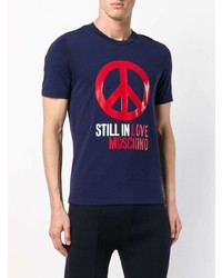 dunkelblaues bedrucktes T-Shirt mit einem Rundhalsausschnitt von Love Moschino