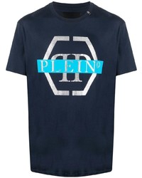 dunkelblaues bedrucktes T-Shirt mit einem Rundhalsausschnitt von Philipp Plein