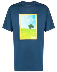 dunkelblaues bedrucktes T-Shirt mit einem Rundhalsausschnitt von Pleasures