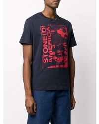 dunkelblaues bedrucktes T-Shirt mit einem Rundhalsausschnitt von Raf Simons