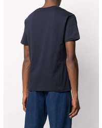 dunkelblaues bedrucktes T-Shirt mit einem Rundhalsausschnitt von Raf Simons